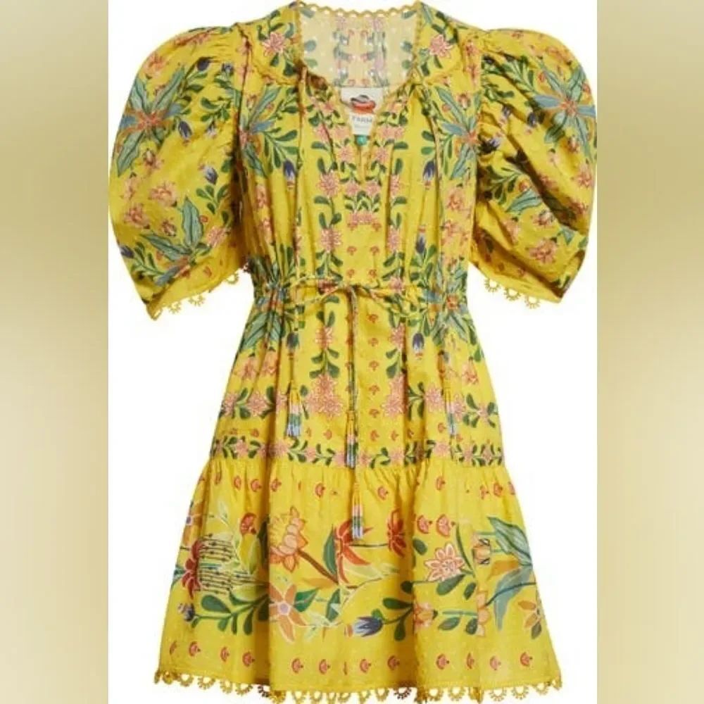 new Farm Rio Delicate Flowers Cotton Mini Dress - Yellow Floral Print Small DS2